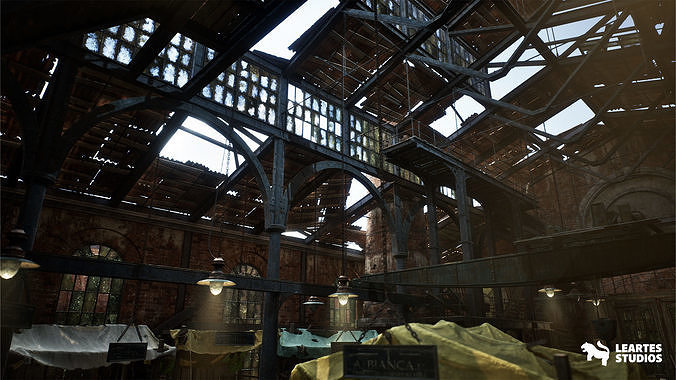 Victorian Market in Abandoned Factory Building Low-poly 3D model 5