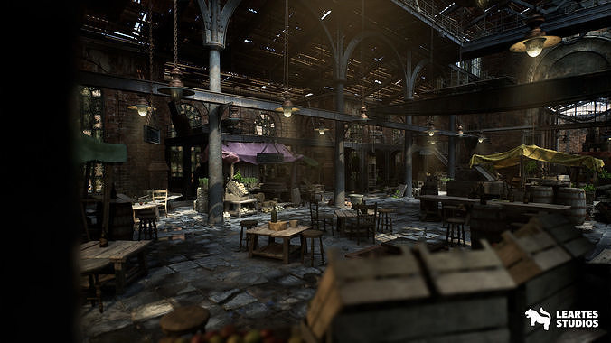Victorian Market in Abandoned Factory Building Low-poly 3D model 7