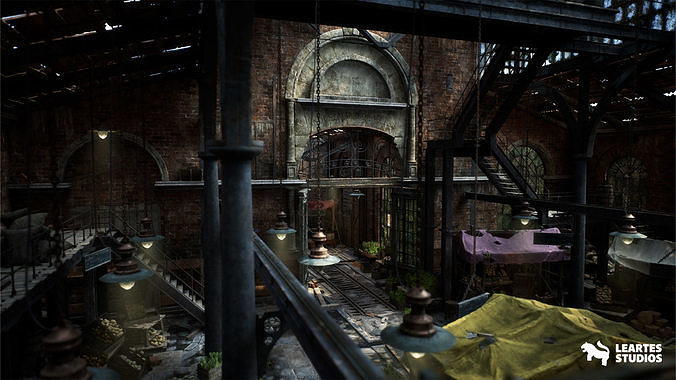 Victorian Market in Abandoned Factory Building Low-poly 3D model 2