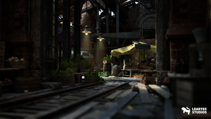 Victorian Market in Abandoned Factory Building Low-poly 3D model 3