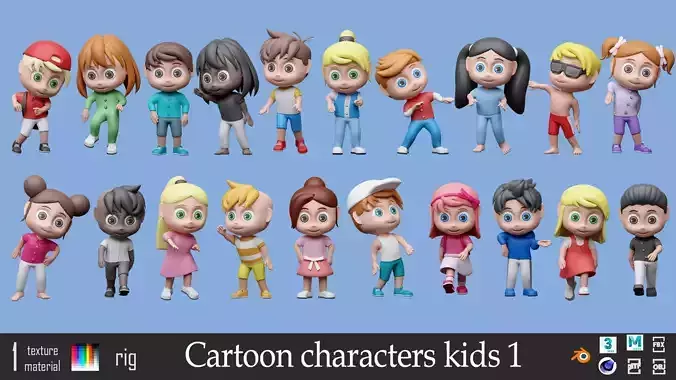 Cartoon characters 2 01 kids Low-poly 3D model