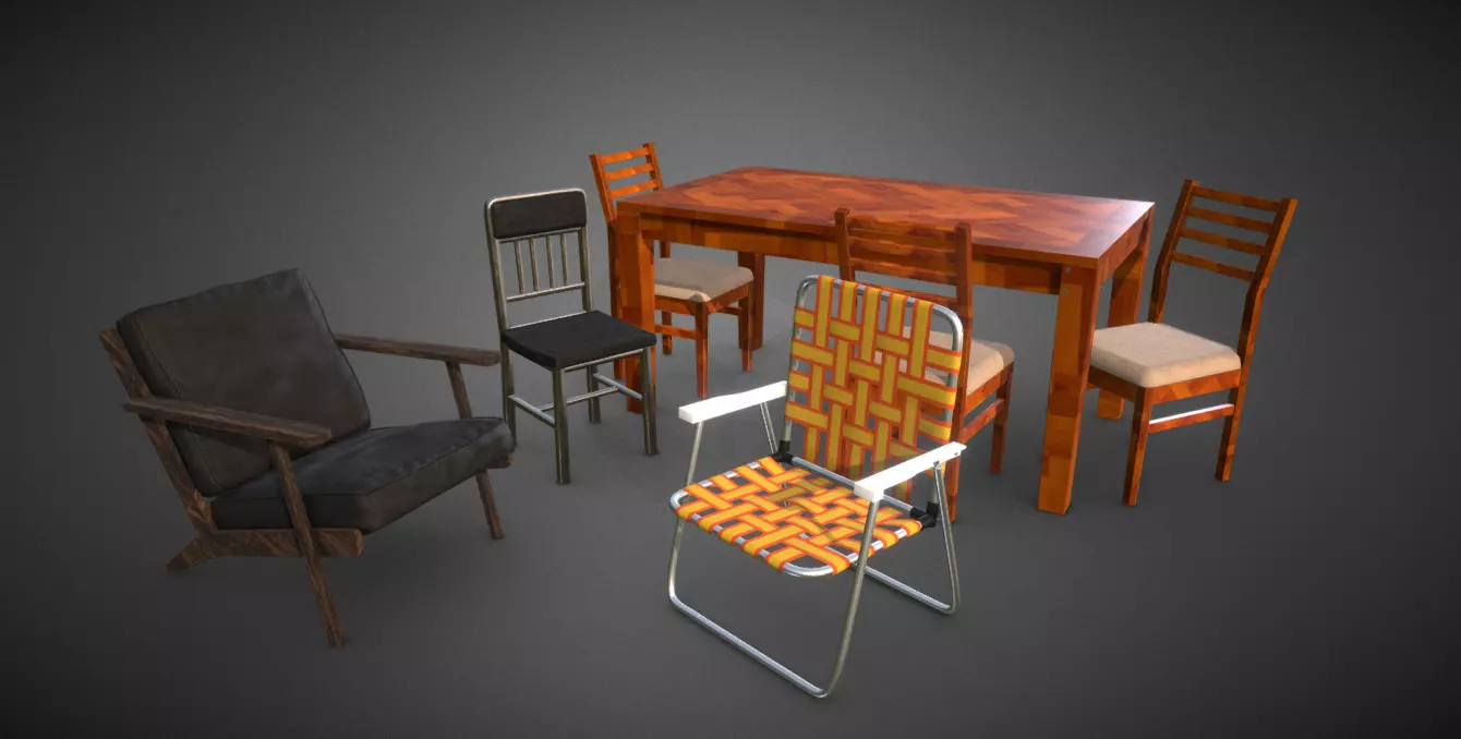 Pack chairs and table Low-poly 3D model