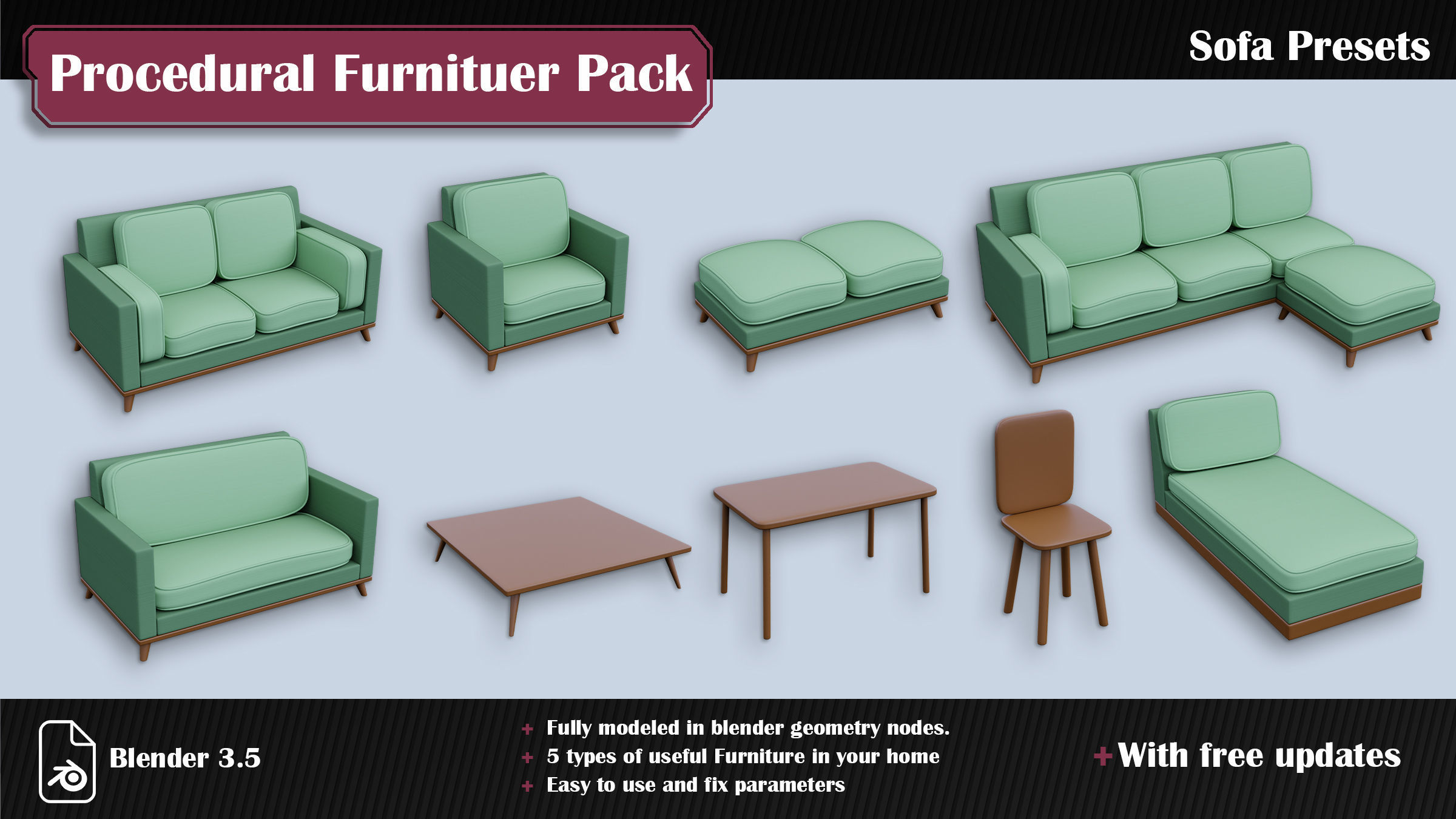 Procedural Furniture Pack Low-poly 3D model_3