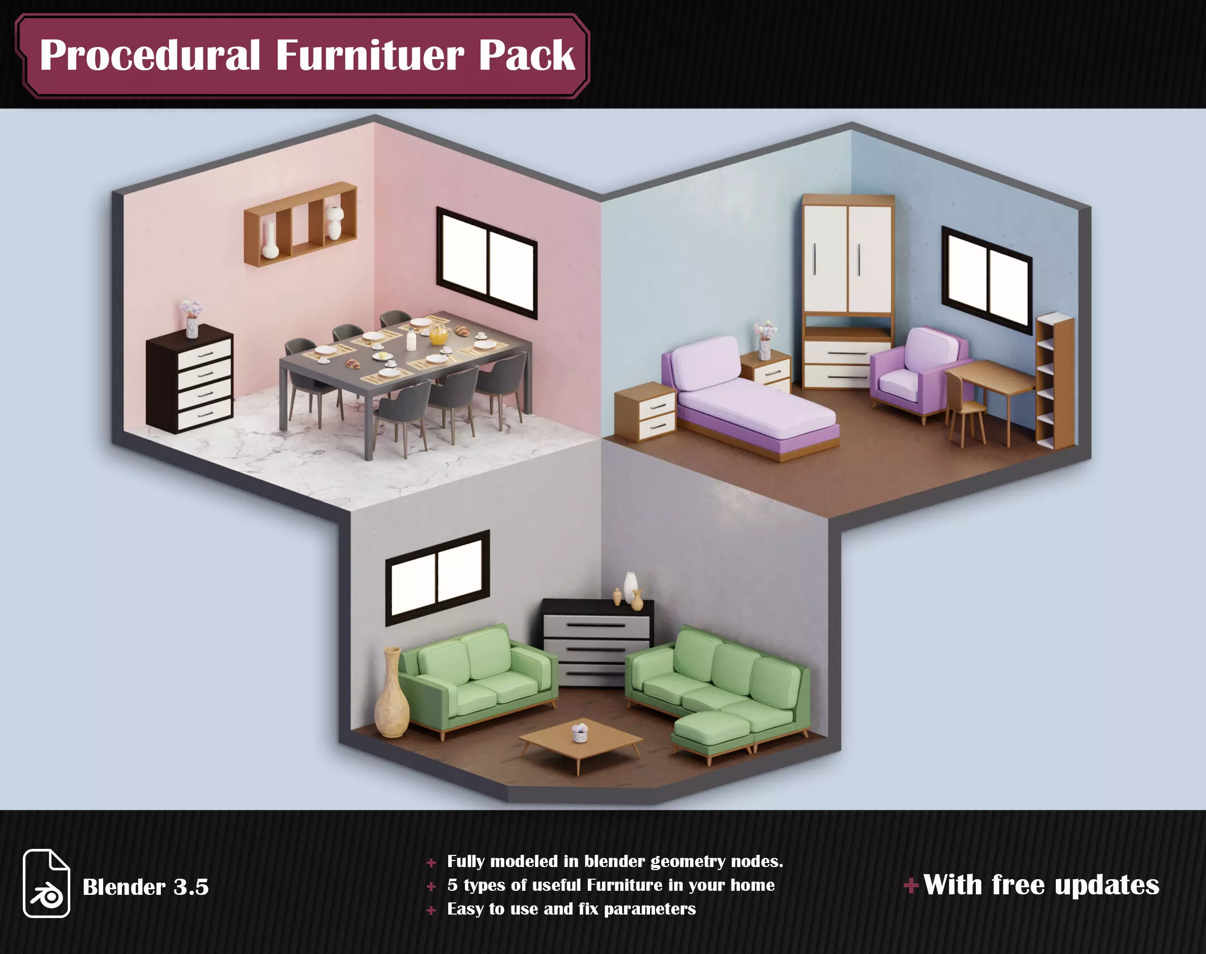 Procedural Furniture Pack Low-poly 3D model_0