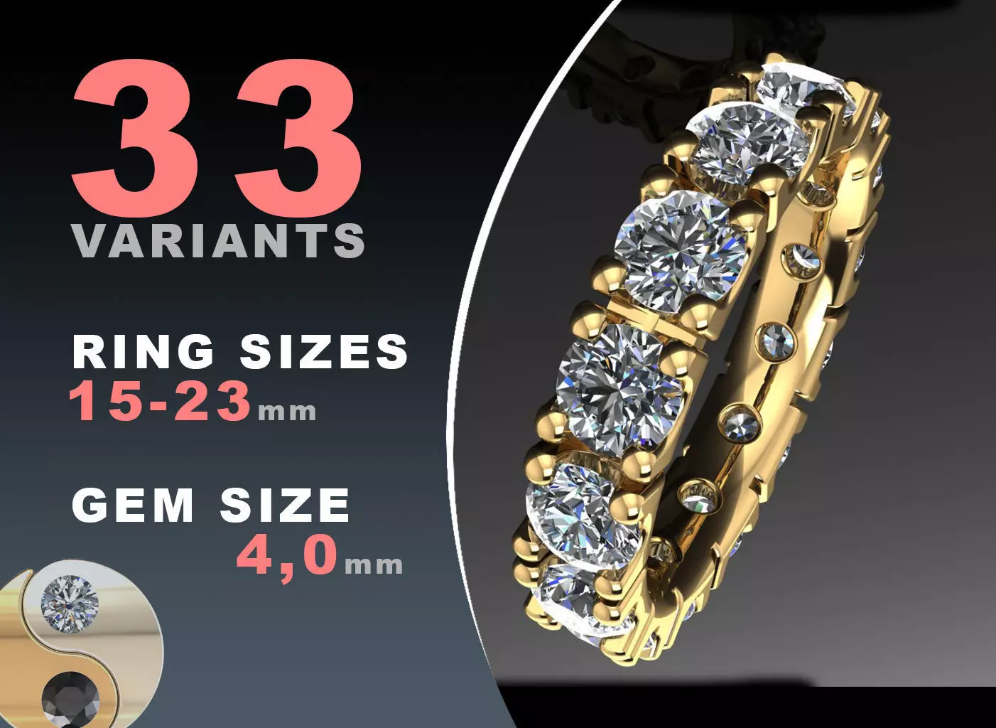 Eternity diamond ring 4 mm gems seT 3D print model_0