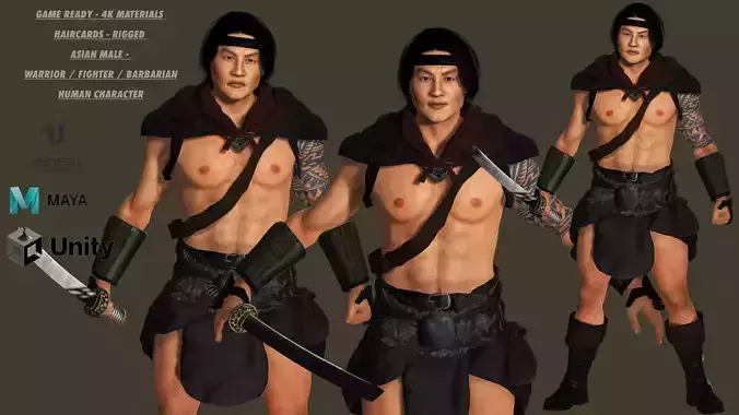 AAA 3D ASIAN MALE FIGHTER BARBARIAN-REALISTIC RIG GAME CHARACTER