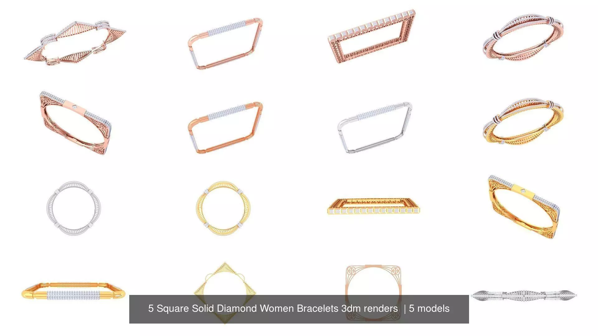5 Square Solid Diamond Women Bracelets 3dm renders  3D Model Collection_0
