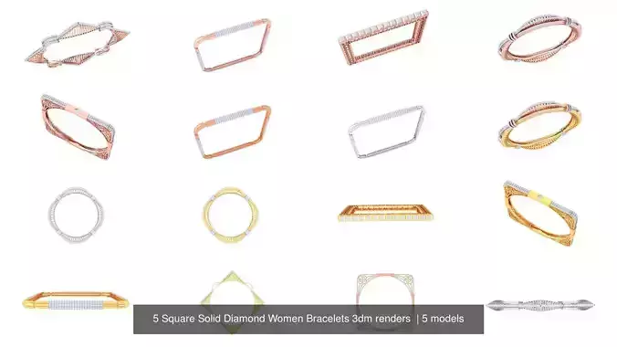 5 Square Solid Diamond Women Bracelets 3dm renders  3D Model Collection