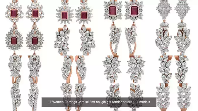 17 Women Earrings 3dm stl 3mf obj glb gltf render details