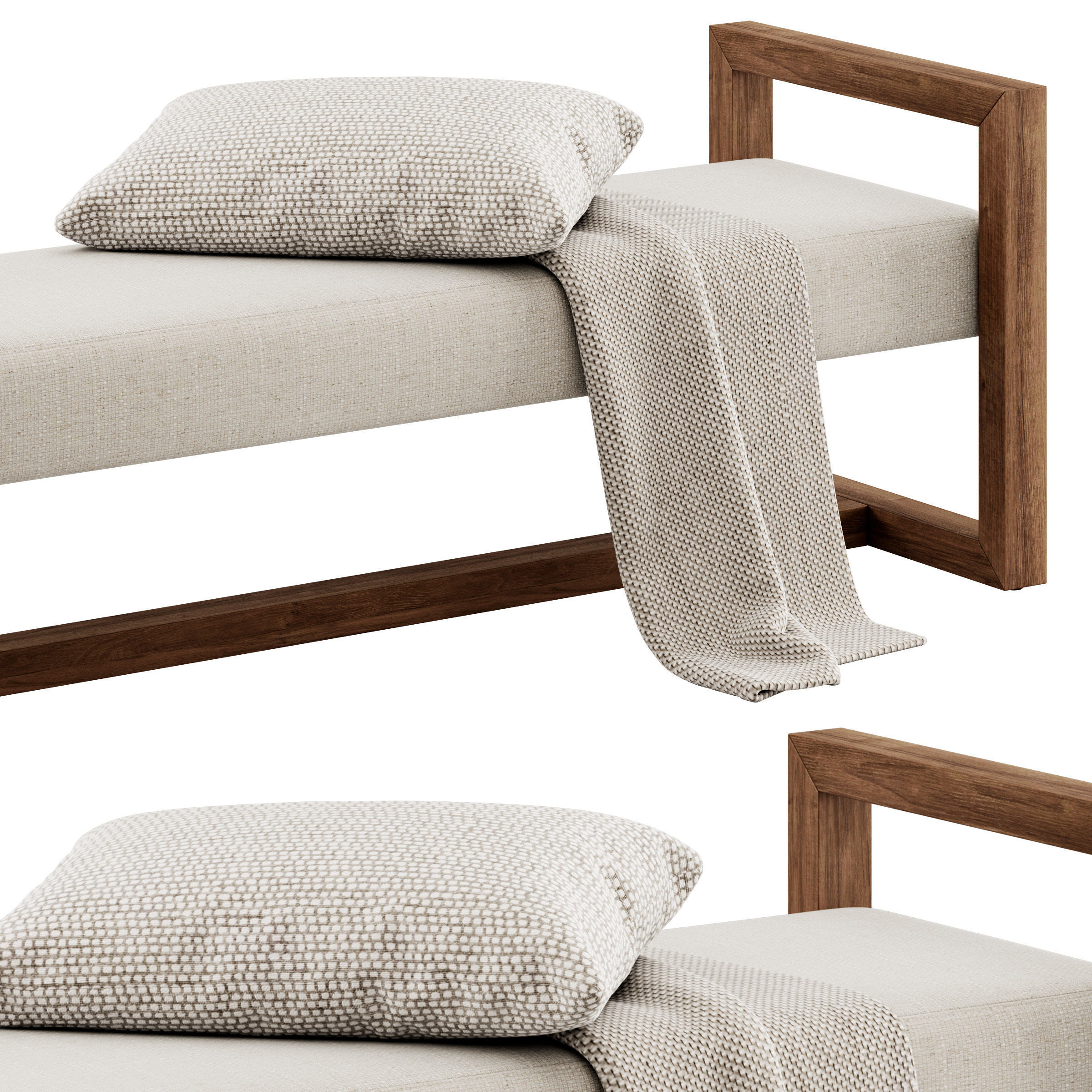 Upholstered Teak Bench by Kathy Kuo Home 3D model_14