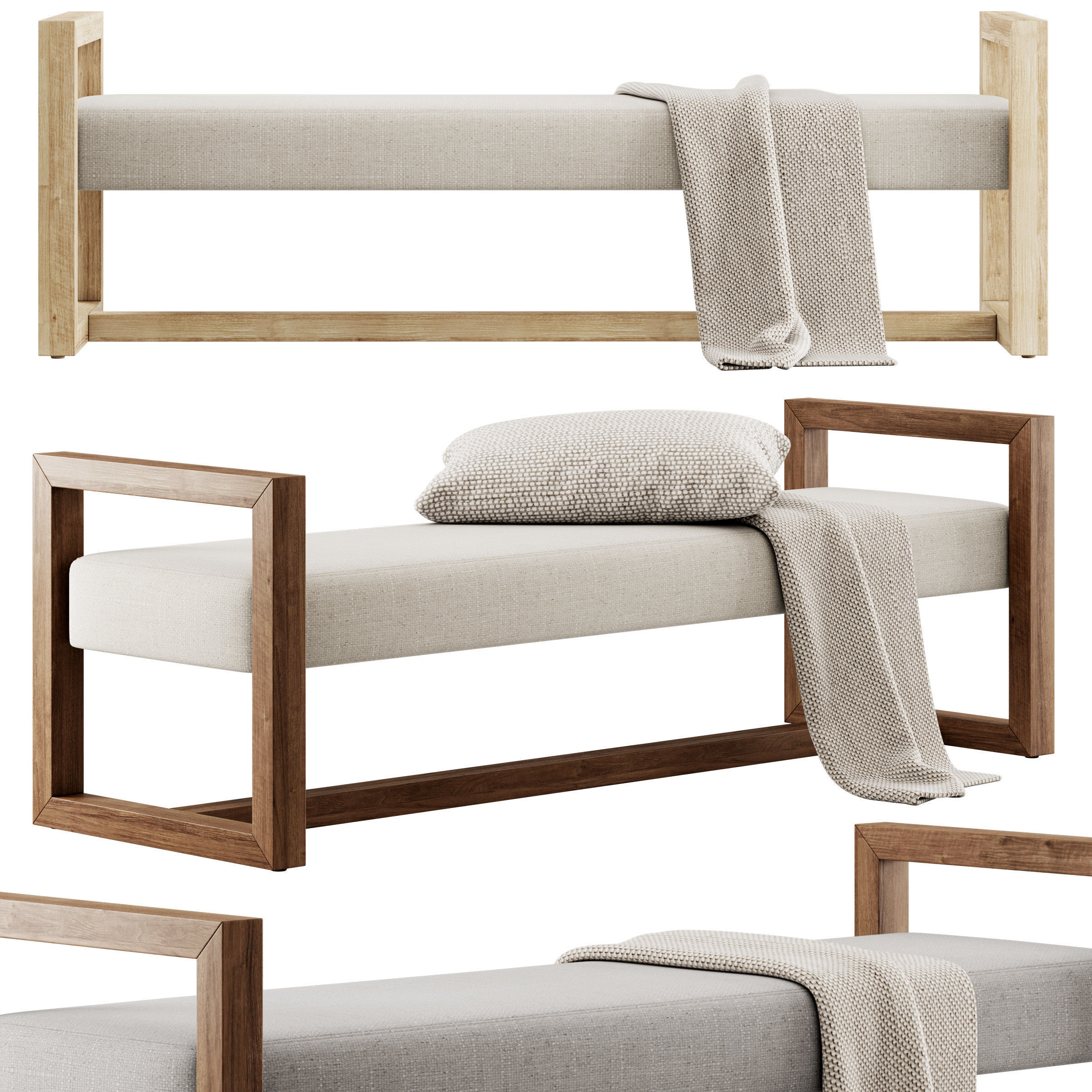 Upholstered Teak Bench by Kathy Kuo Home 3D model_1