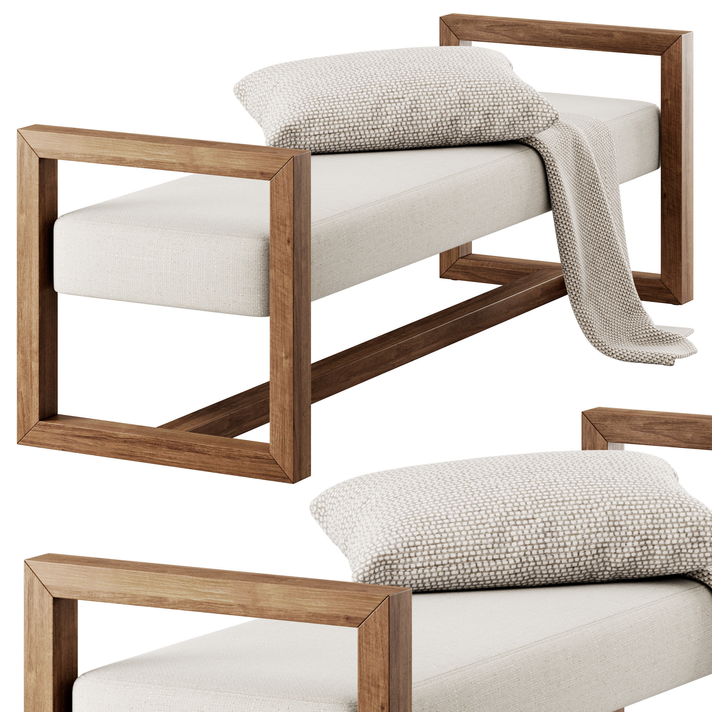 Upholstered Teak Bench by Kathy Kuo Home 3D model_3