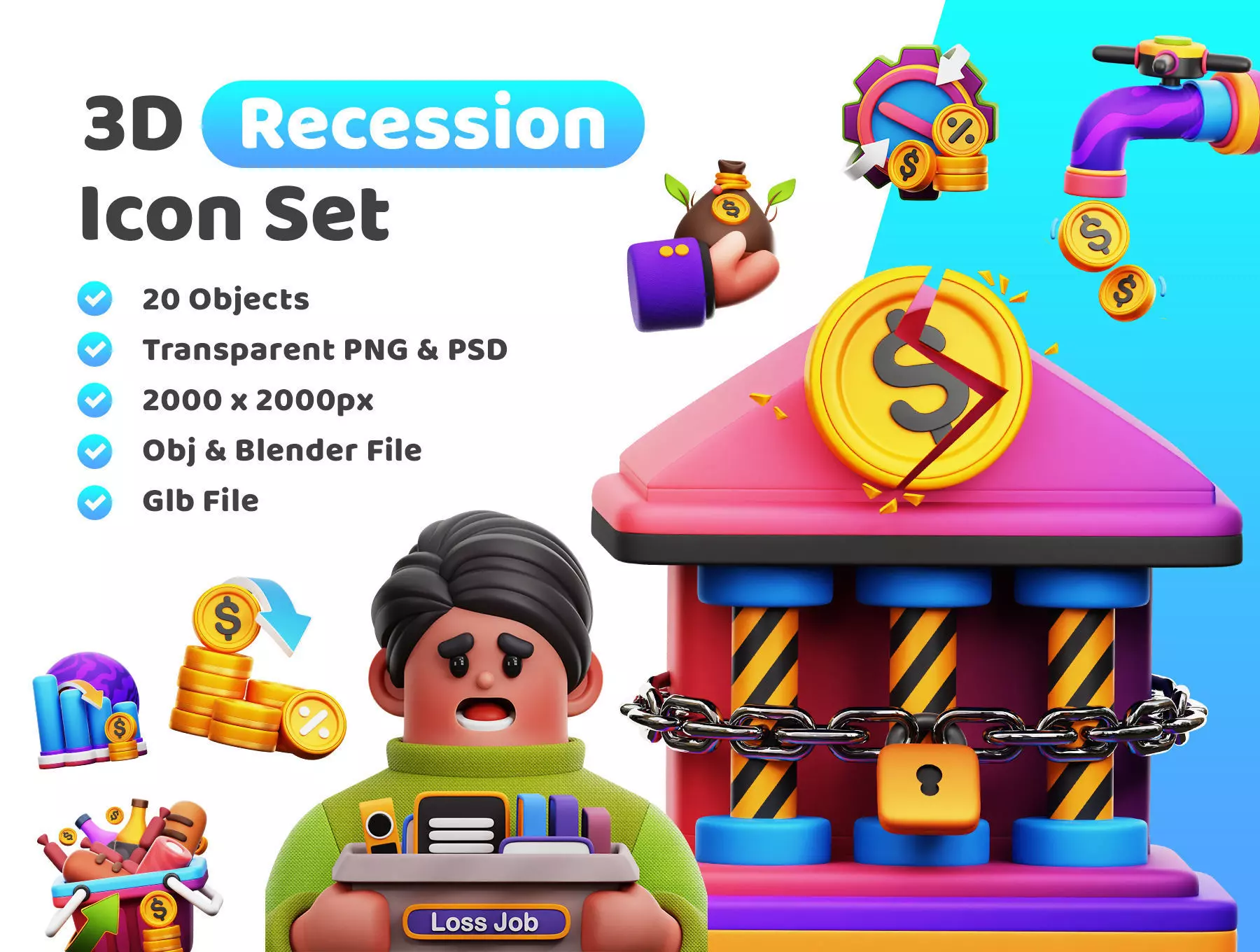 Recession Icon Pack 3D Model Low-poly 3D model_0