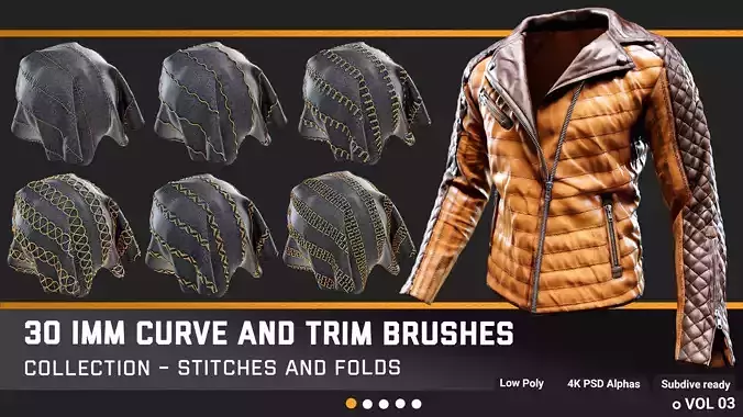 30 STITCHES And FOLDS IMM Curve And Trim Brushes  4k PSD Alpha Low-poly 3D model