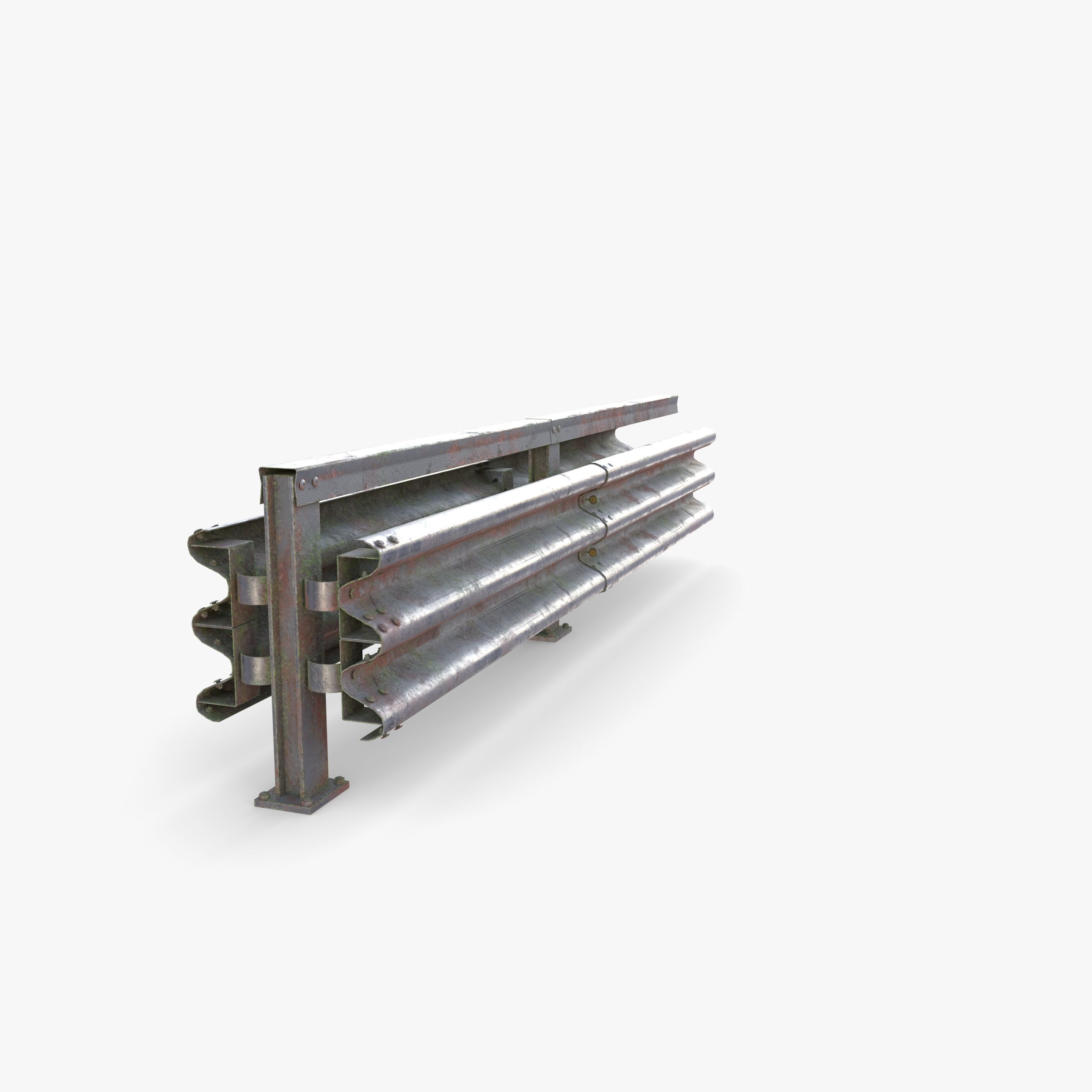 Tileable double sided traffic barrier guardrail V1 weathered Low-poly 3D model_7