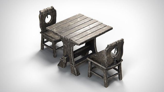 Aged Wooden Table With Chairs PBR Low-poly 3D model