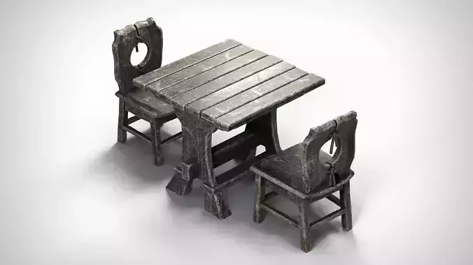 Aged Wooden Table With Chairs PBR