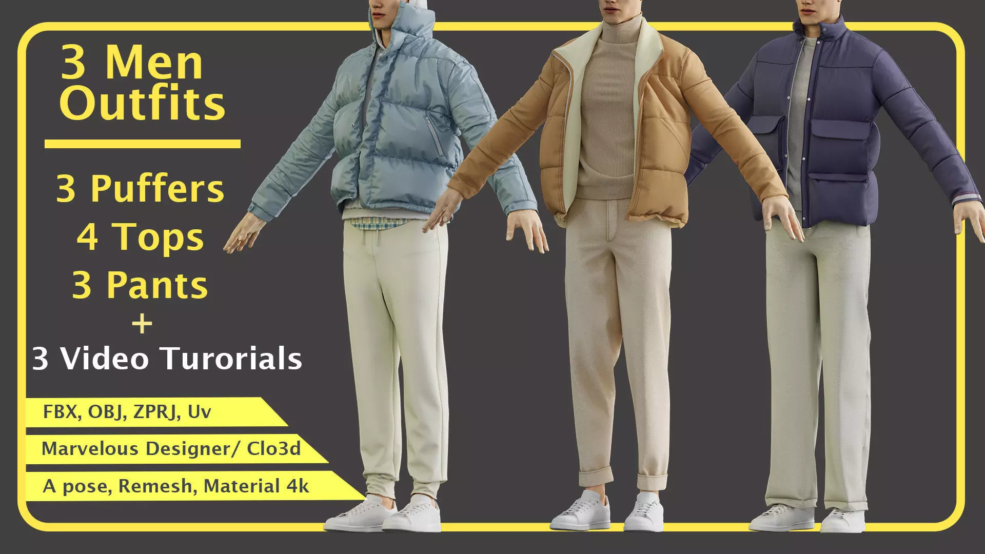 3 Trendy Puffer Outfit with marvelous PLUS Video Tutorial 3D model_0