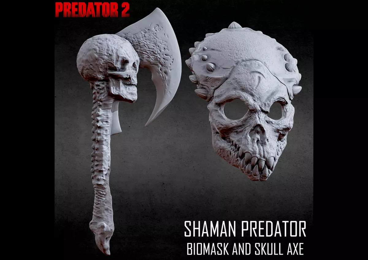 3D PRINTABLE SHAMAN PREDATOR BIOMASK AND SKULL AXE PREDATOR 2 3D print model_0
