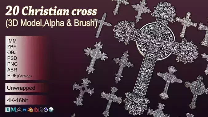20 Christian Cross 3D Model alpha and Brush V2 3D model