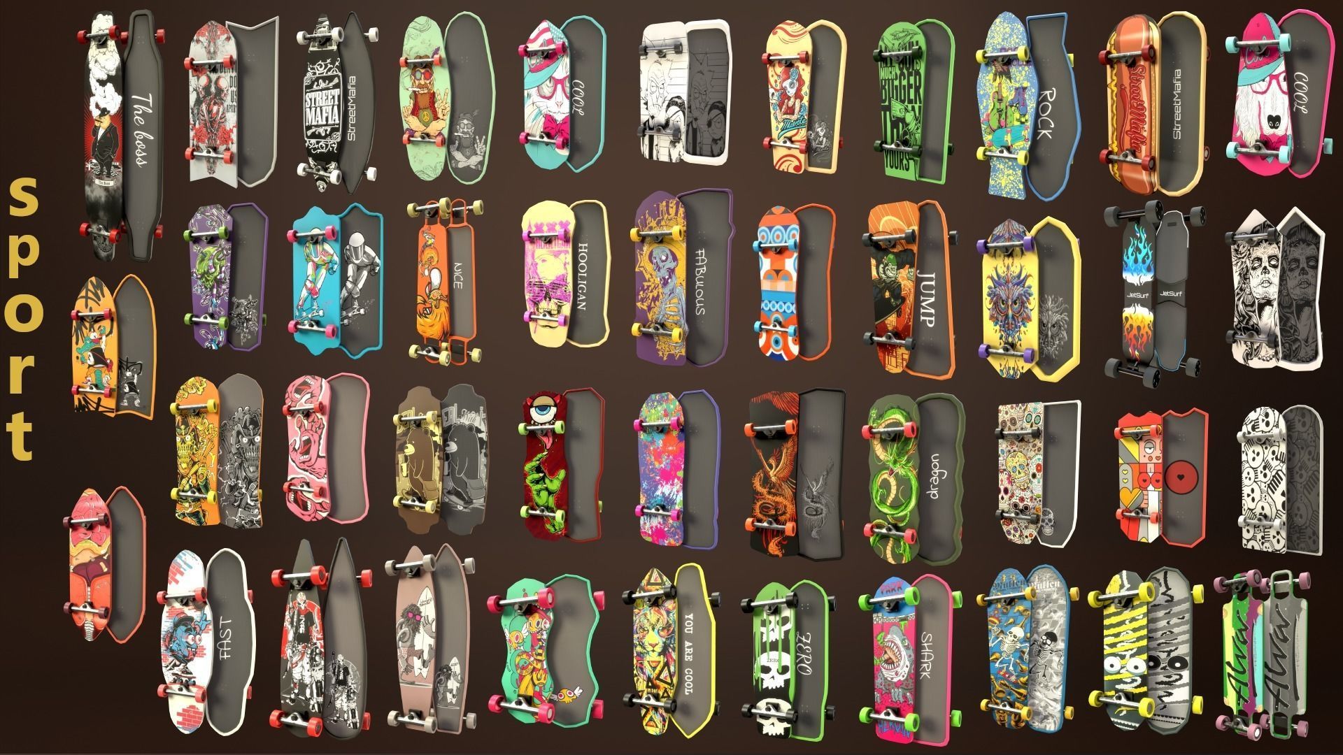 Skateboard Pack of 43 with two texture versions  Low-poly 3D model_2