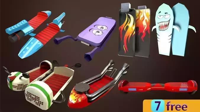 Skateboard Pack of 7 For free Free low-poly 3D model