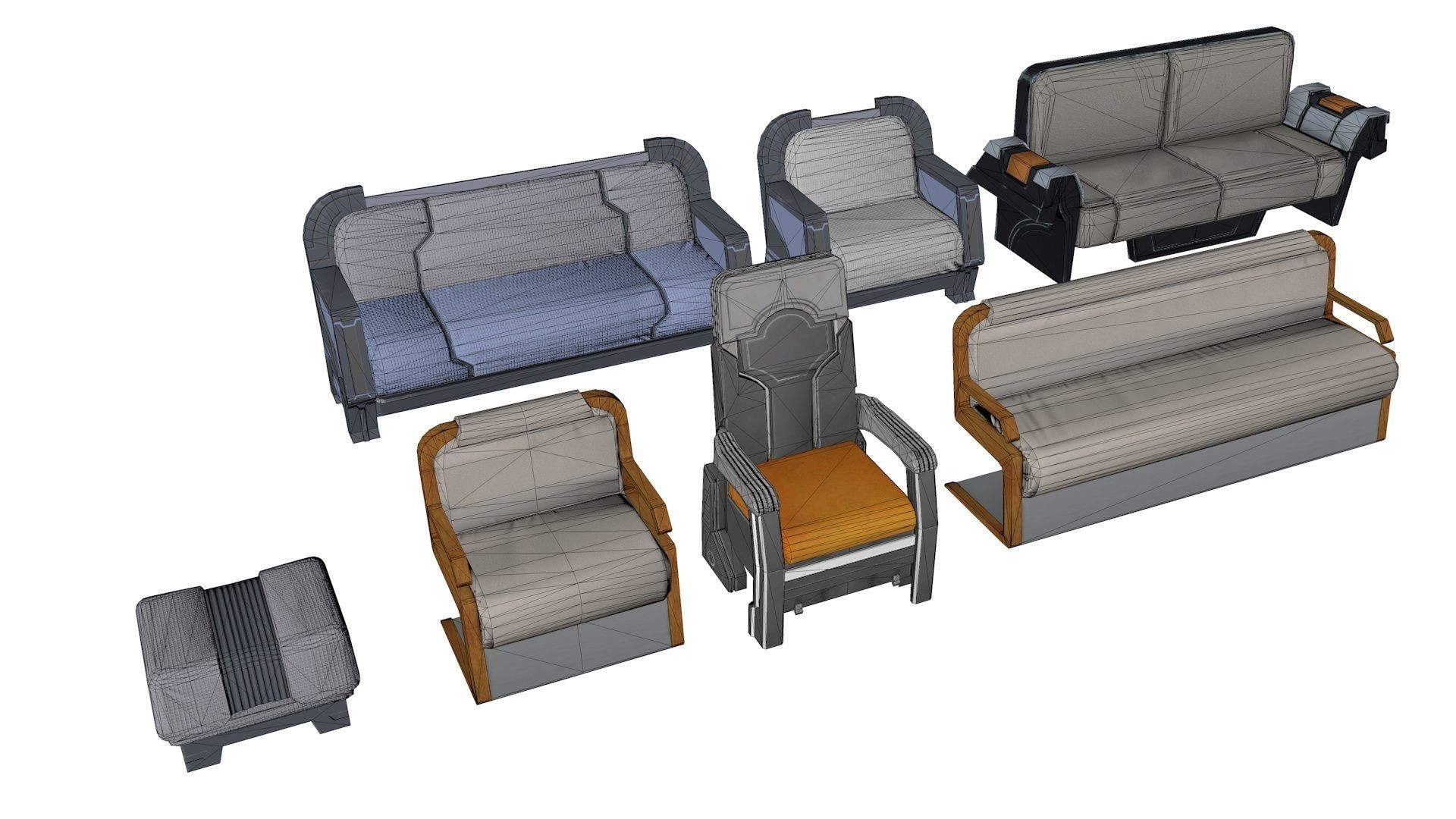 Futuristic Sofa Set 7 Low-poly 3D model_14
