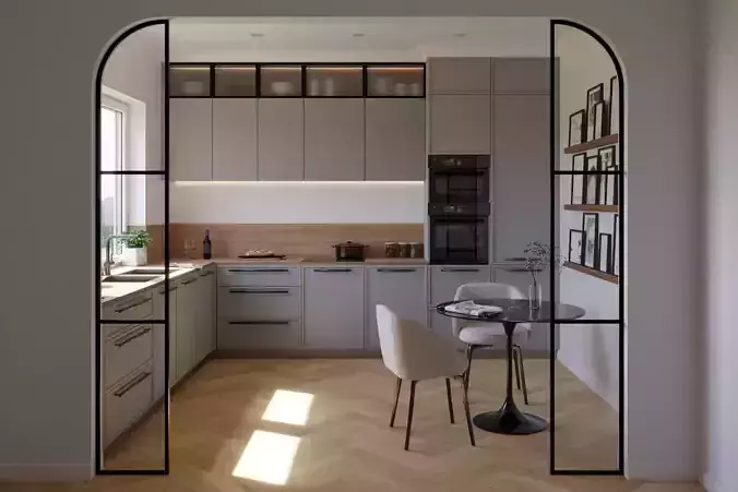 Modern L-shape kitchen grey and wood with dining table and chair 3D model