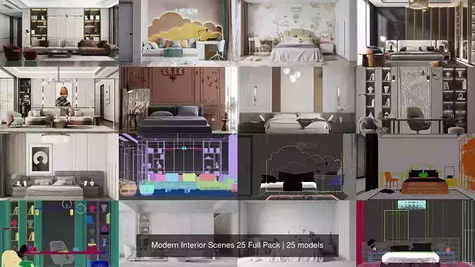 Modern Interior Scenes 25 Full Pack 3D Model Collection