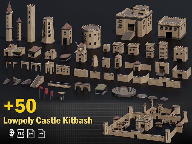 50 castle Kitbash Pack Low-poly 3D model