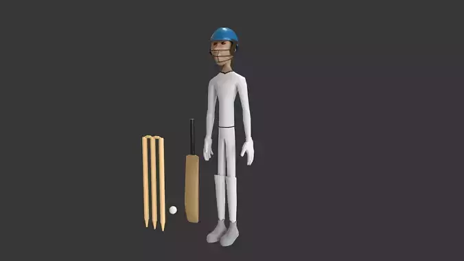 Batsman with cricket kits  Low-poly 3D model