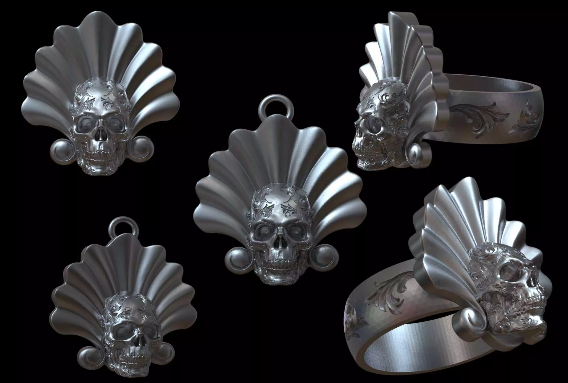 PENDANT AND RING SHELL SKULL 3D print model
