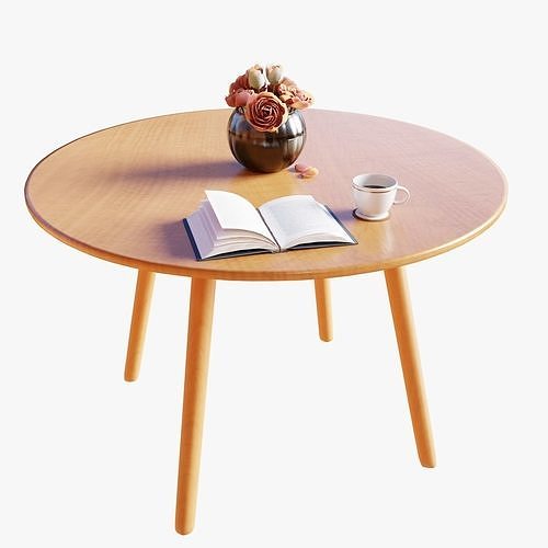 Wooden Table with Coffee Mug Flowers and Book 3D model