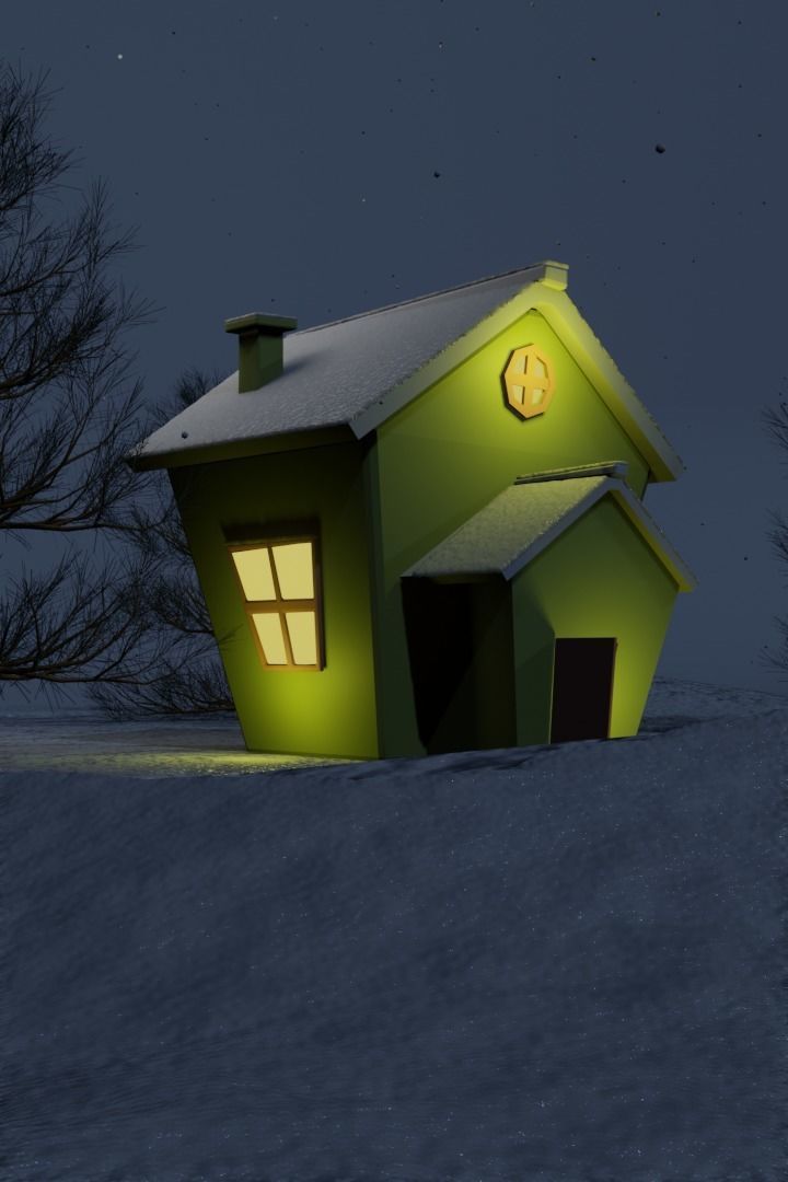 Snowfall in winter time on snow house Low-poly 3D model_0
