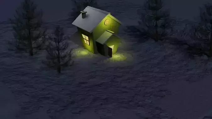 Snowfall in winter time on snow house Low-poly 3D model