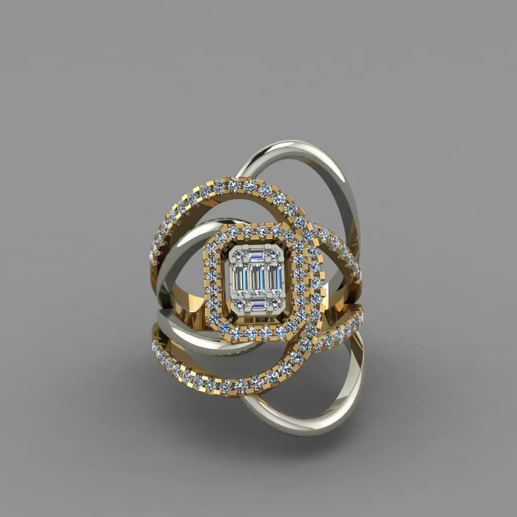 Diamond Baguettes Halo Dubble Tome Gold 3D Print Ring Model 3D print model
