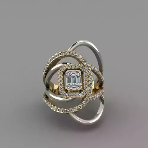 Diamond Baguettes Halo Dubble Tome Gold 3D Print Ring Model 3D print model