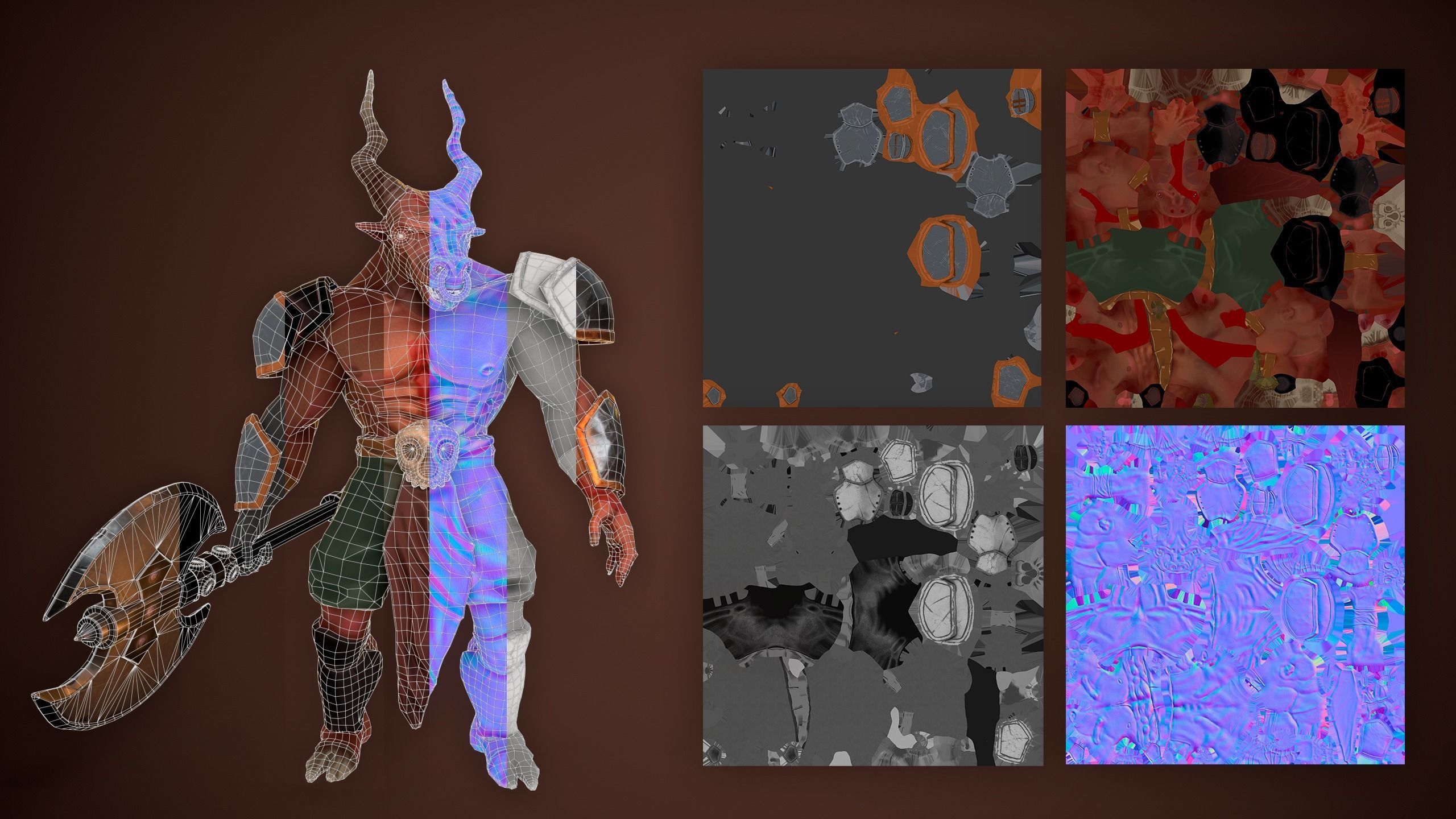 Gameready Lowpoly character Minotaur with rigg and animations Low-poly 3D model_5