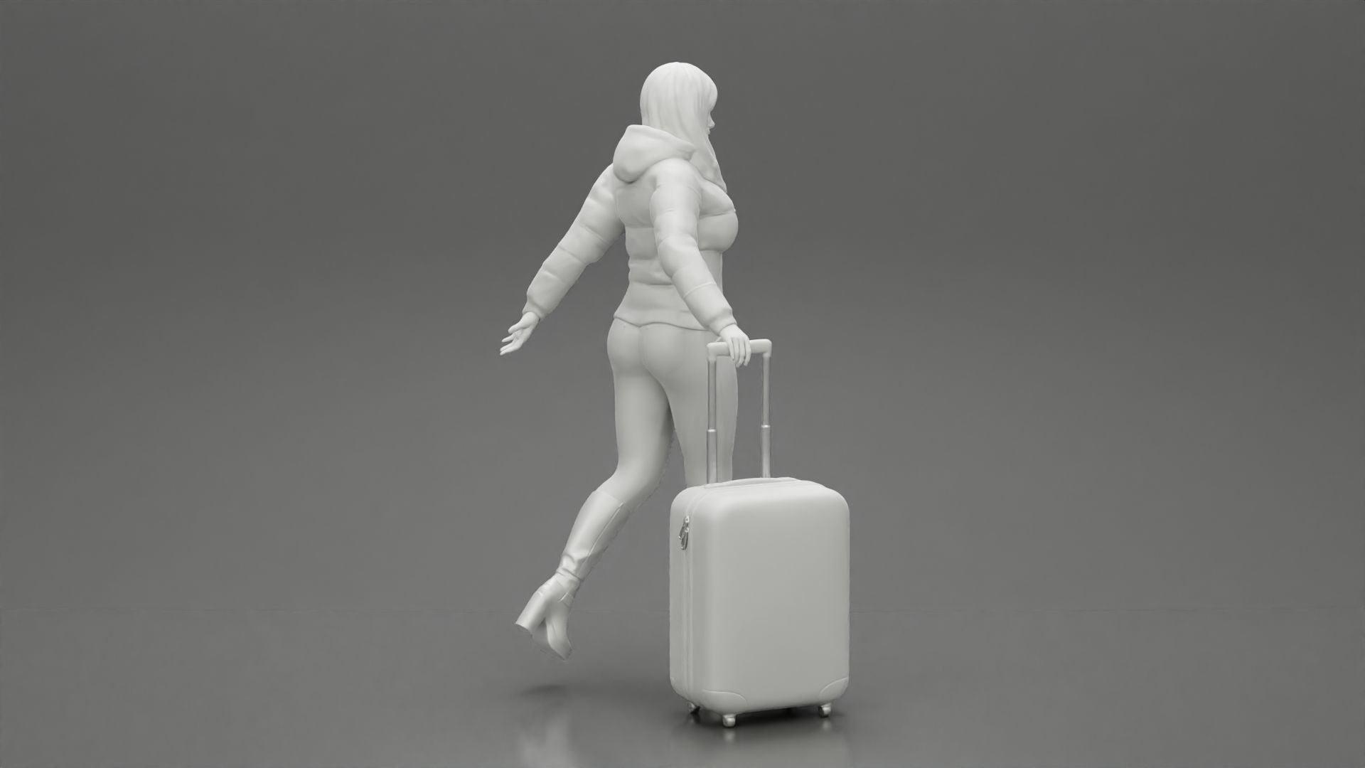 2 Fashion woman in jacket and boots dragging suitcase walking  3D print model_9