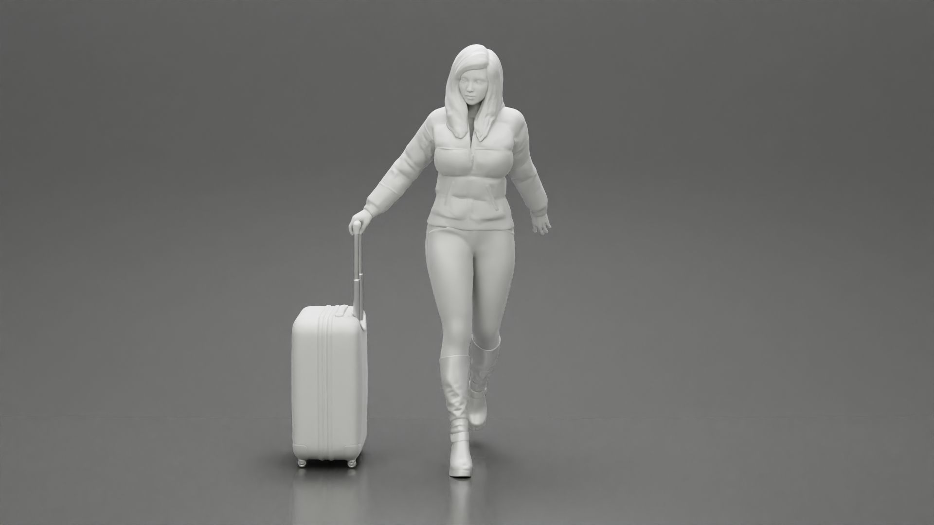 2 Fashion woman in jacket and boots dragging suitcase walking  3D print model_7