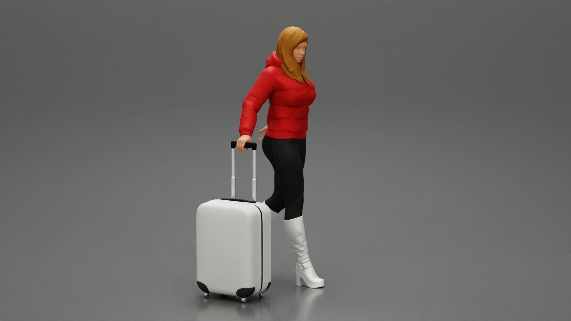 2 Fashion woman in jacket and boots dragging suitcase walking  3D print model_2