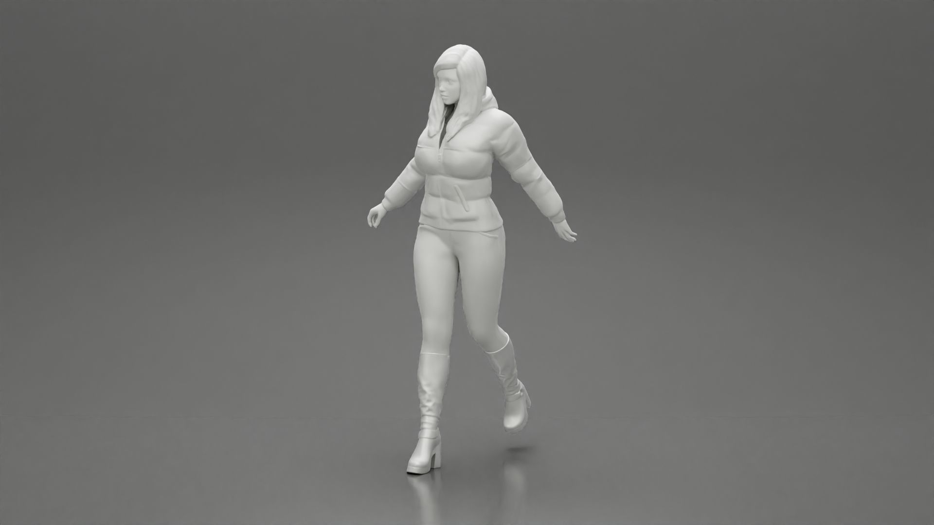 2 Fashion woman in jacket and boots dragging suitcase walking  3D print model_23
