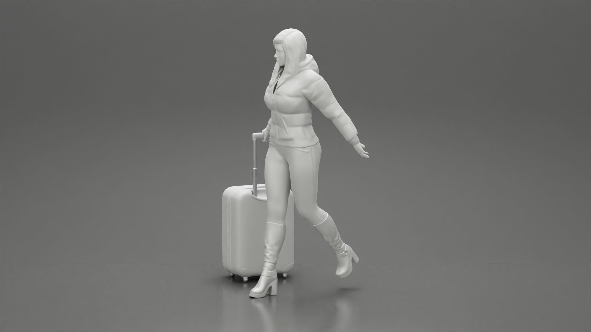 2 Fashion woman in jacket and boots dragging suitcase walking  3D print model_12