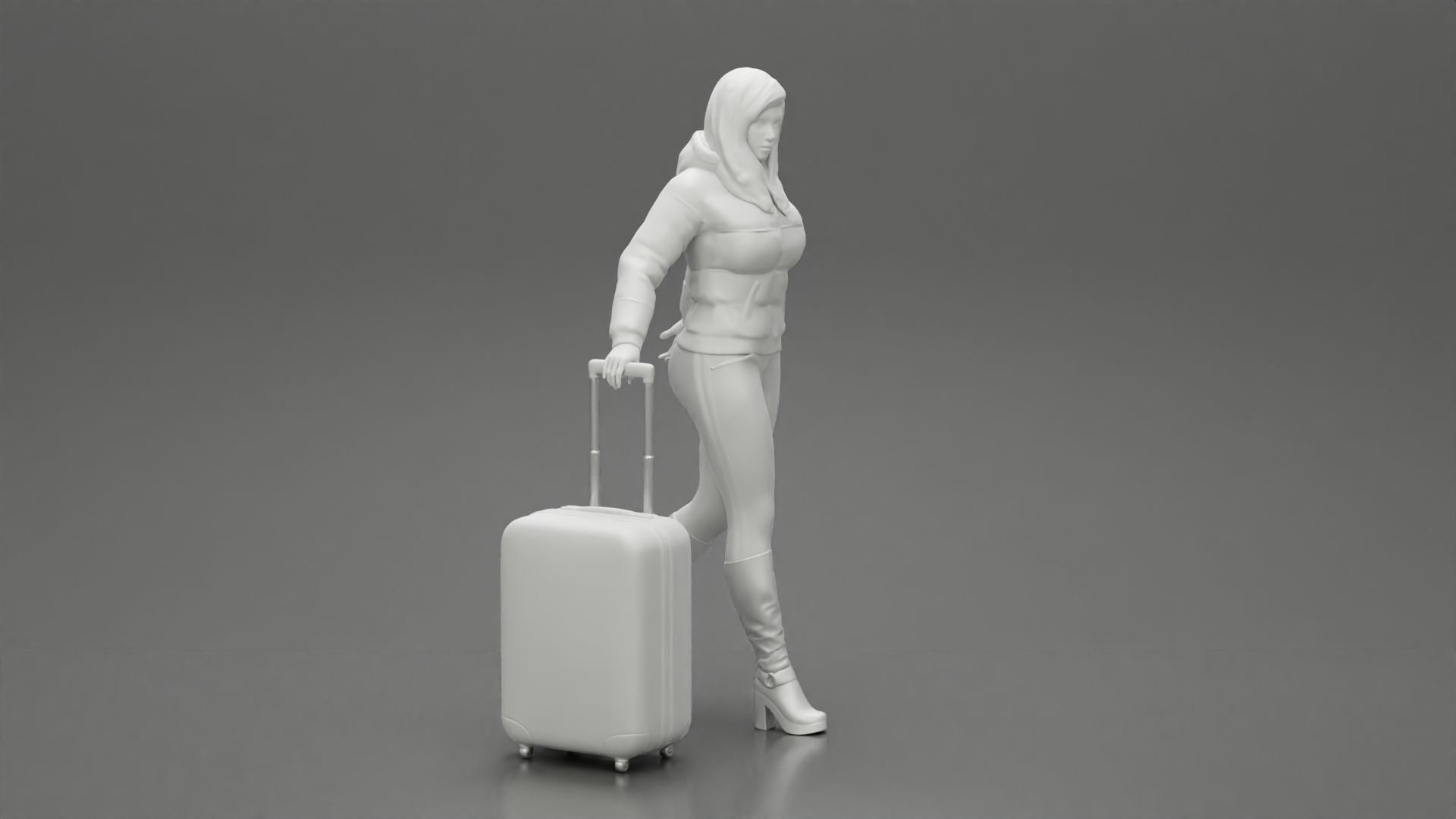 2 Fashion woman in jacket and boots dragging suitcase walking  3D print model_8