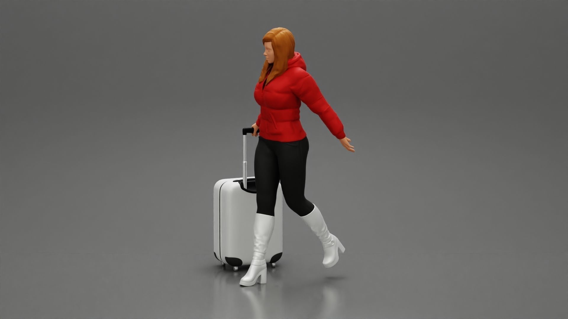 2 Fashion woman in jacket and boots dragging suitcase walking  3D print model_6