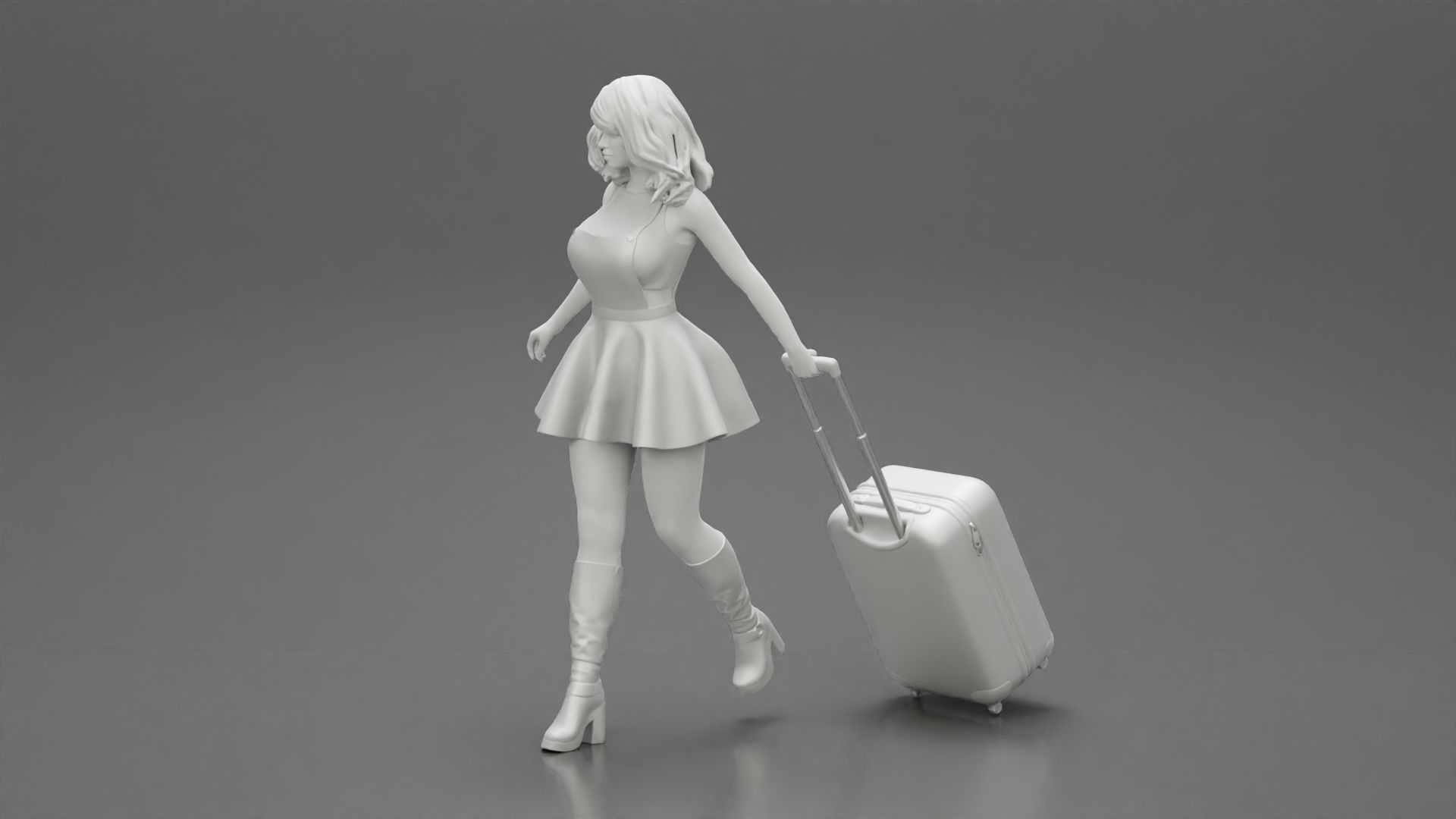 2 woman in dress and boots pulling suitcase walking in airport 3D print model_7