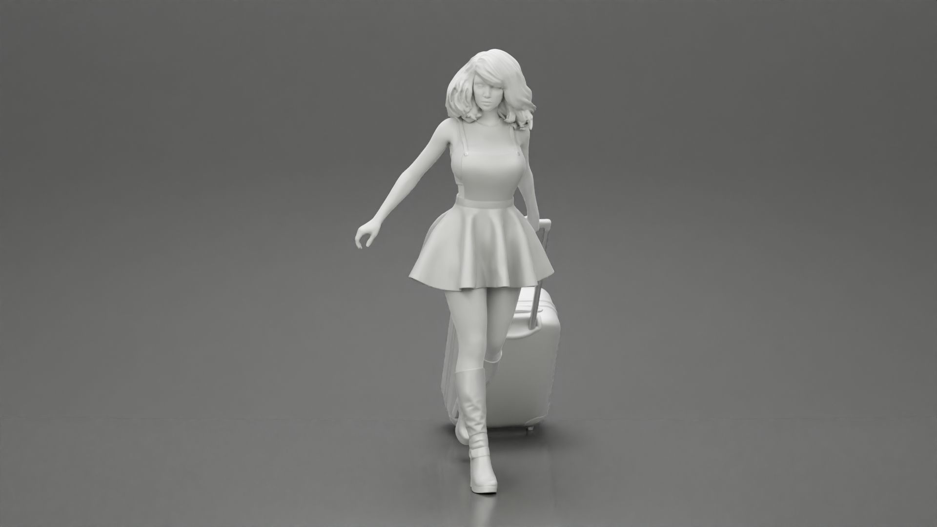 2 woman in dress and boots pulling suitcase walking in airport 3D print model_8