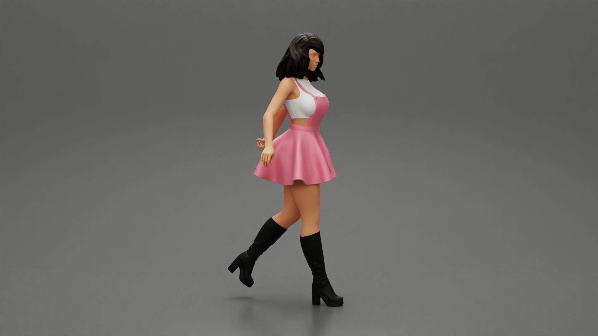 2 woman in dress and boots pulling suitcase walking in airport 3D print model_14