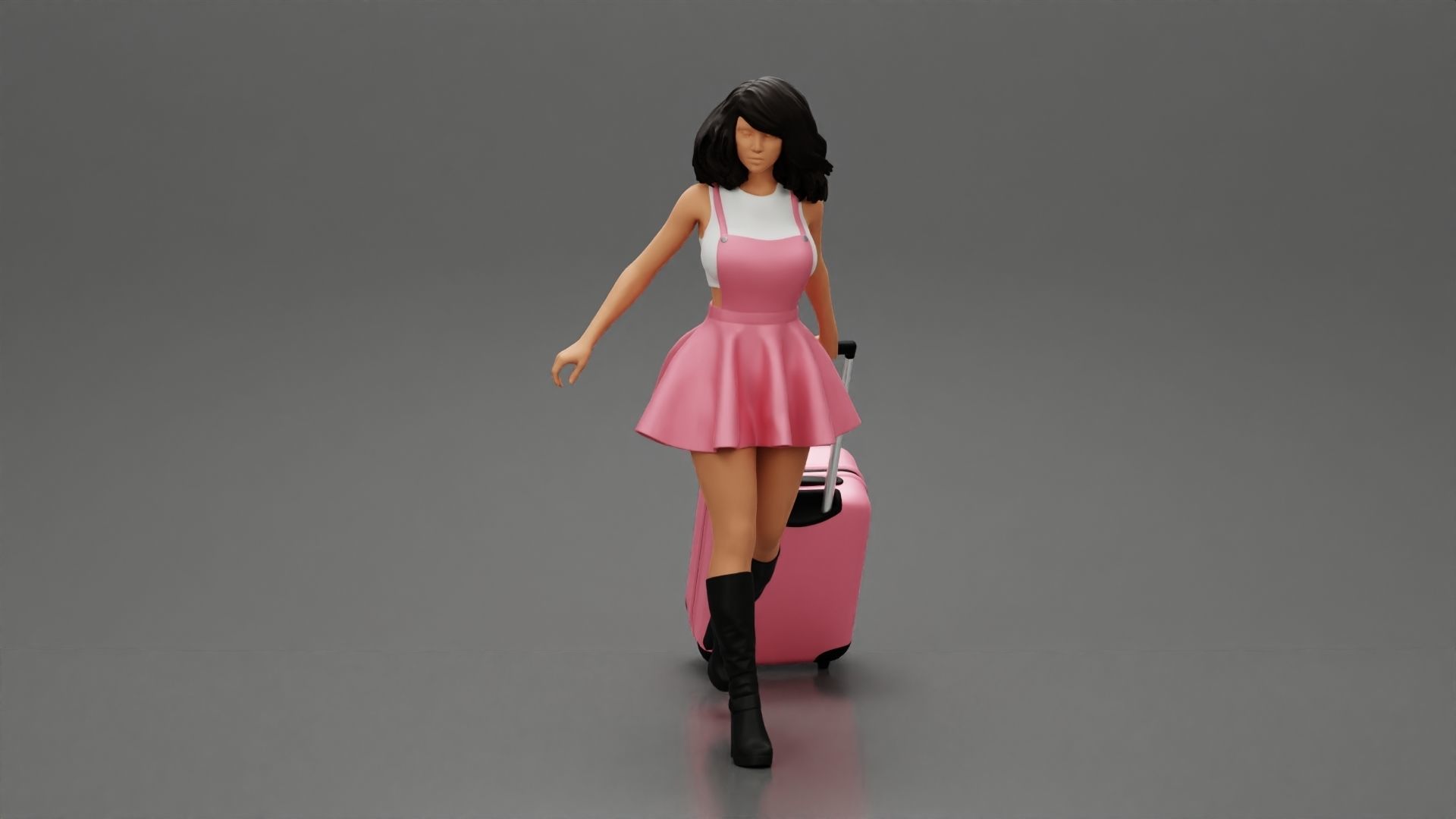 2 woman in dress and boots pulling suitcase walking in airport 3D print model_2