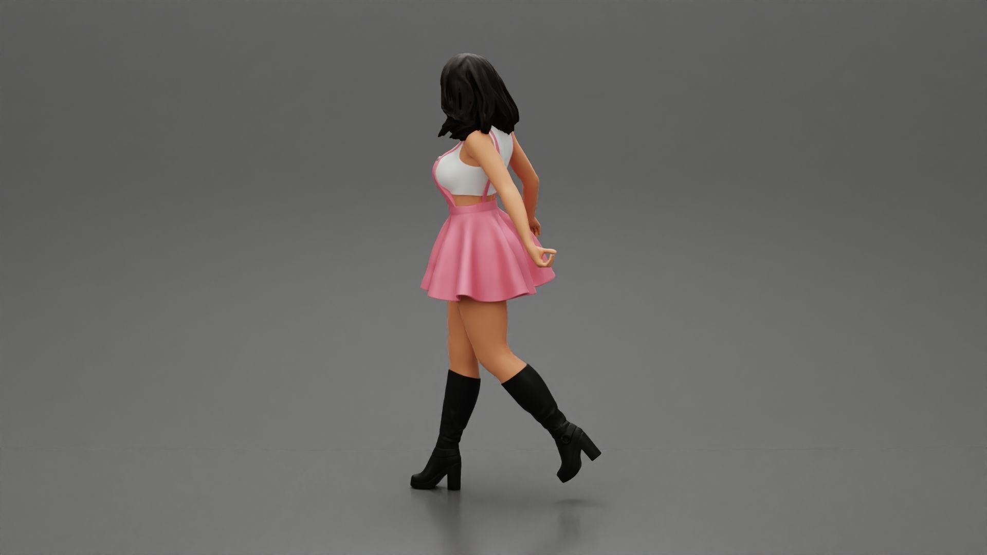 2 woman in dress and boots pulling suitcase walking in airport 3D print model_17